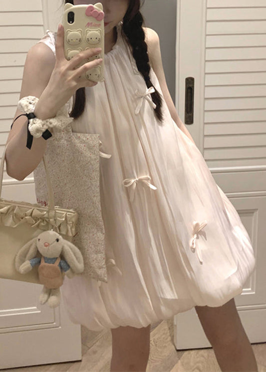 Cotton Dress Mid Bow Stylish Sleeveless Lace Pink Up FashionChic