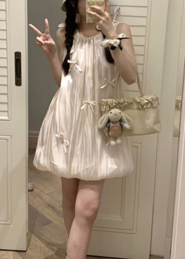 Cotton Dress Mid Bow Stylish Sleeveless Lace Pink Up FashionChic