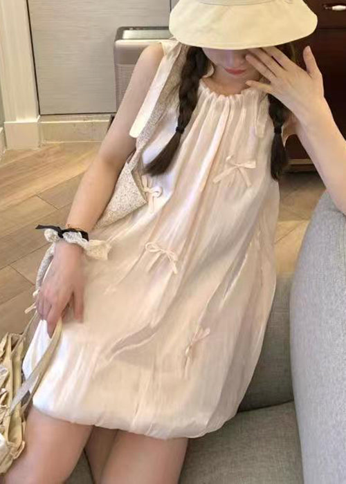 Cotton Dress Mid Bow Stylish Sleeveless Lace Pink Up FashionChic