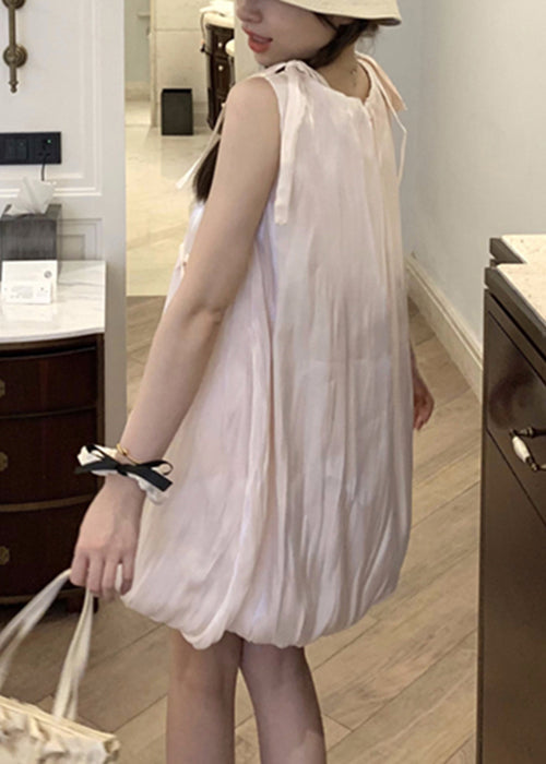 Cotton Dress Mid Bow Stylish Sleeveless Lace Pink Up FashionChic