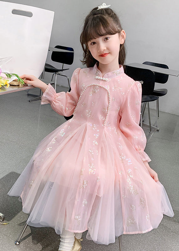 Kids Long Bead Sleeve Stylish Nail Dresses Pink Floral Tulle FashionChic