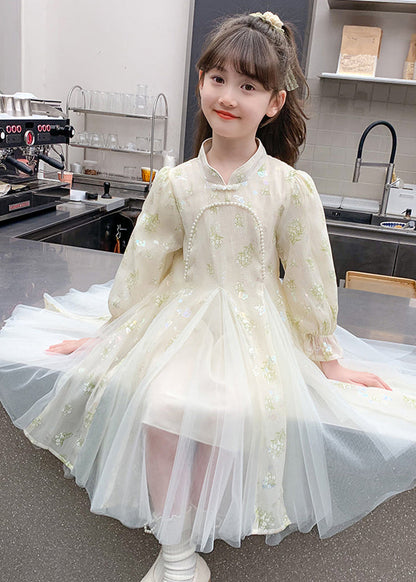 Kids Long Bead Sleeve Stylish Nail Dresses Pink Floral Tulle FashionChic