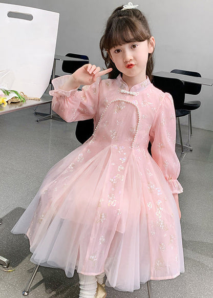 Kids Long Bead Sleeve Stylish Nail Dresses Pink Floral Tulle FashionChic