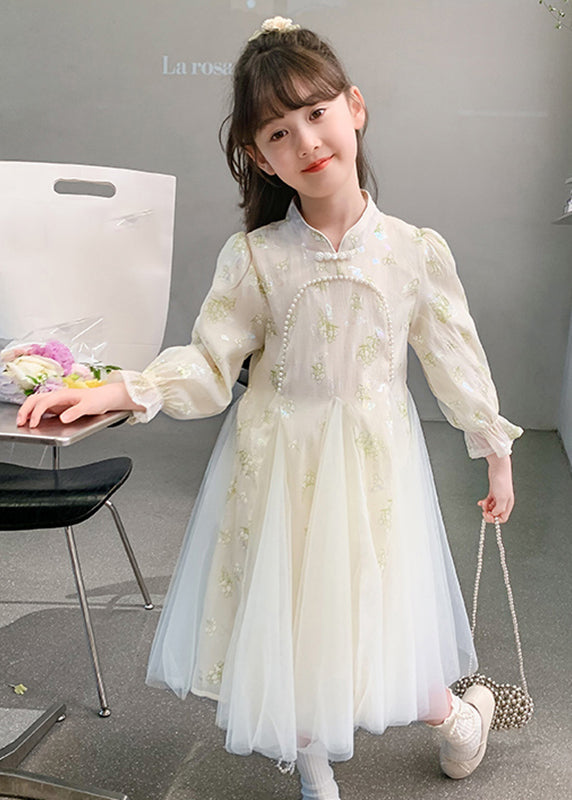 Kids Long Bead Sleeve Stylish Nail Dresses Pink Floral Tulle FashionChic