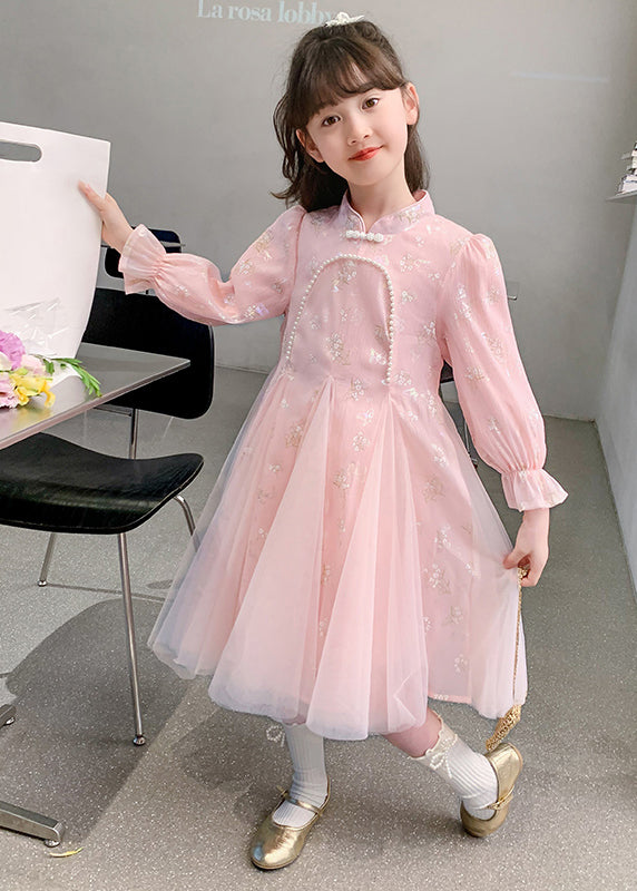 Kids Long Bead Sleeve Stylish Nail Dresses Pink Floral Tulle FashionChic