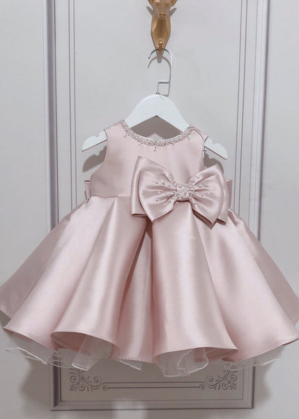 Stylish Pink O-Neck Bow Nail Bead Silk Kids Long Dress Summer YS020 ABC