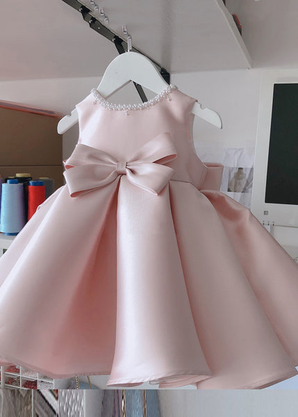 Stylish Pink O-Neck Bow Nail Bead Silk Kids Long Dress Summer YS020 ABC
