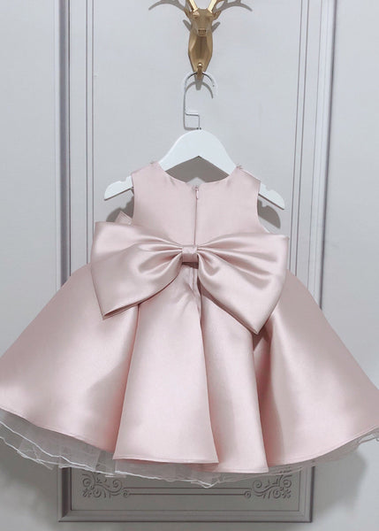 Stylish Pink O-Neck Bow Nail Bead Silk Kids Long Dress Summer YS020 ABC