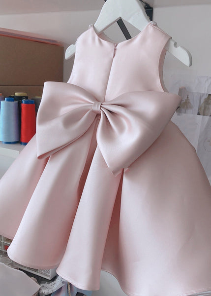 Stylish Pink O-Neck Bow Nail Bead Silk Kids Long Dress Summer YS020 ABC