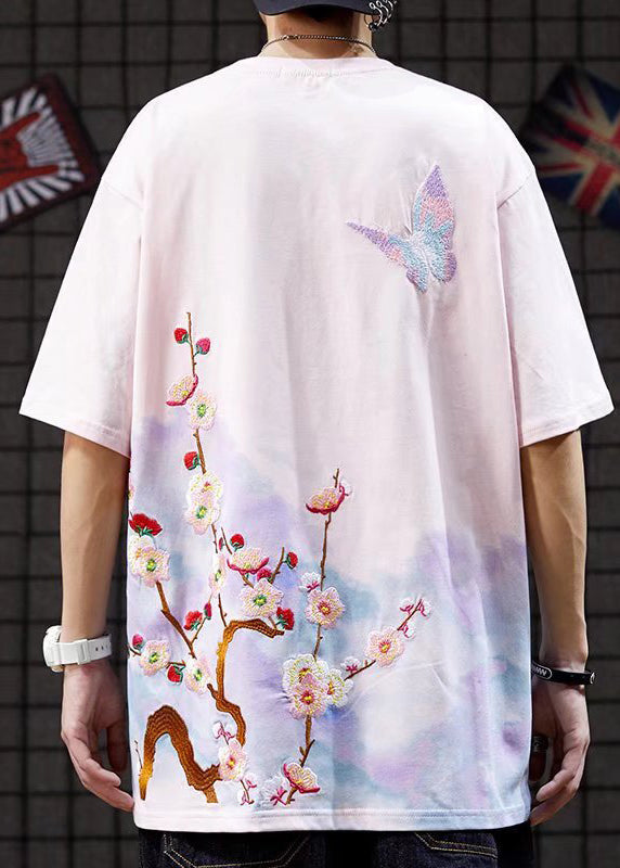 Stylish Pink O-Neck Embroideried Cotton Men T Shirts Summer LK066 Men-Silk-MENT240630