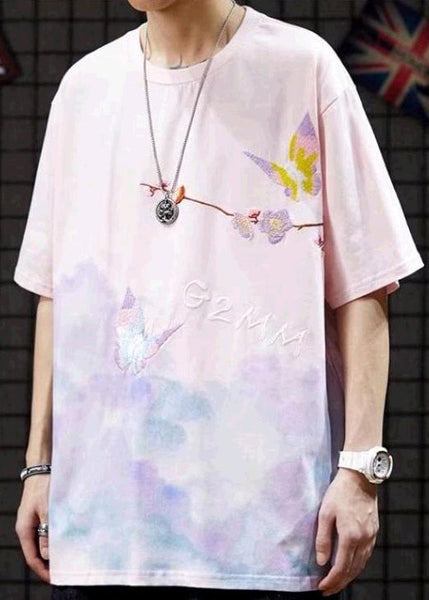 Stylish Pink O-Neck Embroideried Cotton Men T Shirts Summer LK066 Men-Silk-MENT240630