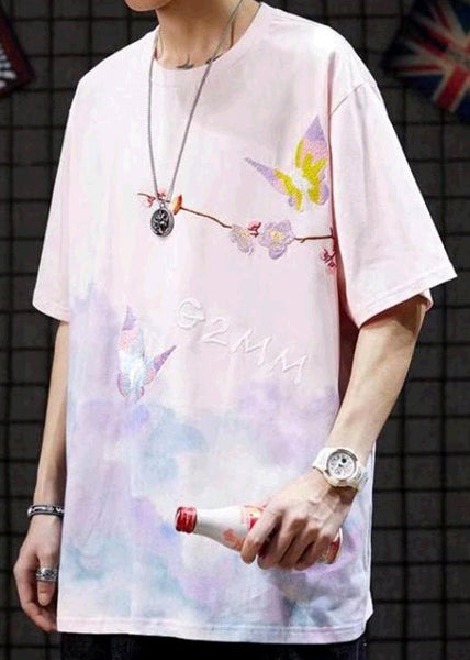 Stylish Pink O-Neck Embroideried Cotton Men T Shirts Summer LK066 Men-Silk-MENT240630