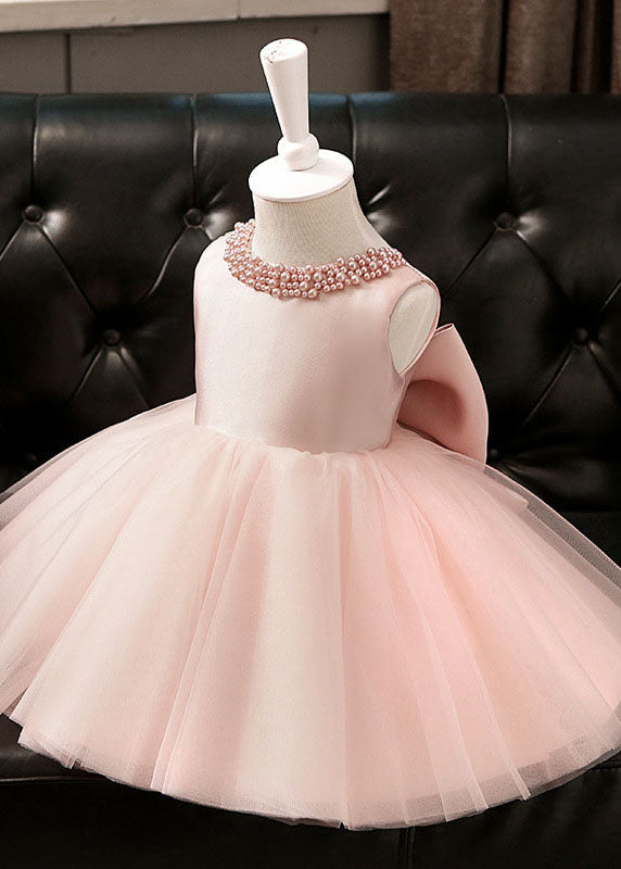 Stylish Pink Pearl Patchwork Bow Tulle Girls Maxi Dresses Summer YS005 ABC