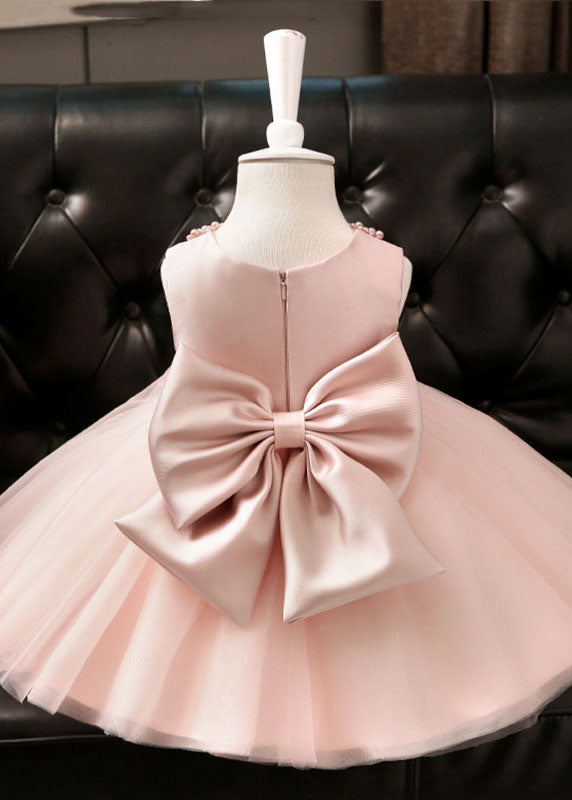 Stylish Pink Pearl Patchwork Bow Tulle Girls Maxi Dresses Summer YS005 ABC