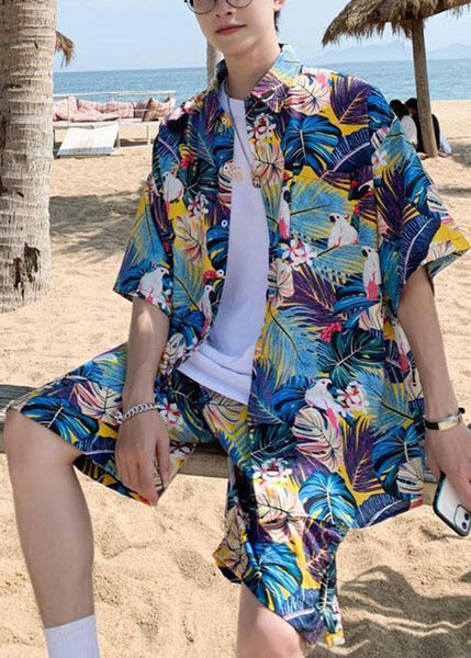 Stylish Pink Peter Pan Collar Button Print Cotton Mens Two Piece Set Short Sleeve HG061 Men-Silk-MENTS240725