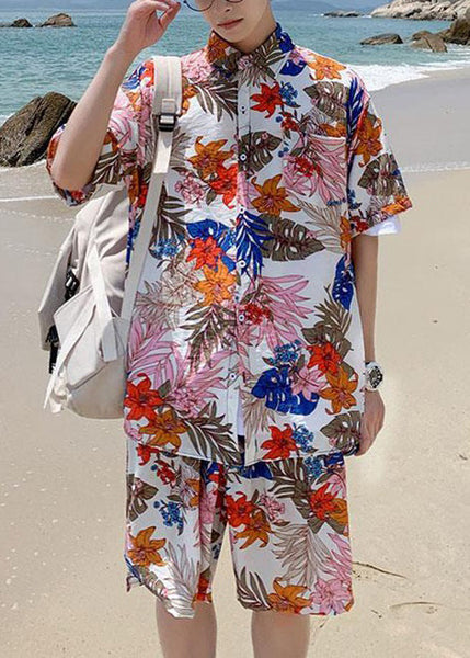 Stylish Pink Peter Pan Collar Button Print Cotton Mens Two Piece Set Short Sleeve HG061 Men-Silk-MENTS240725