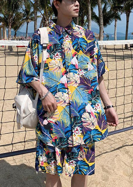 Stylish Pink Peter Pan Collar Button Print Cotton Mens Two Piece Set Short Sleeve HG061 Men-Silk-MENTS240725