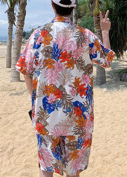 Stylish Pink Peter Pan Collar Button Print Cotton Mens Two Piece Set Short Sleeve HG061 Men-Silk-MENTS240725