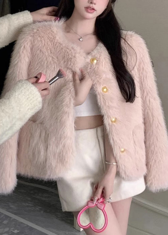 Stylish Pink Pockets Faux Fur Jacket Winter WO021 HS-CTS241109