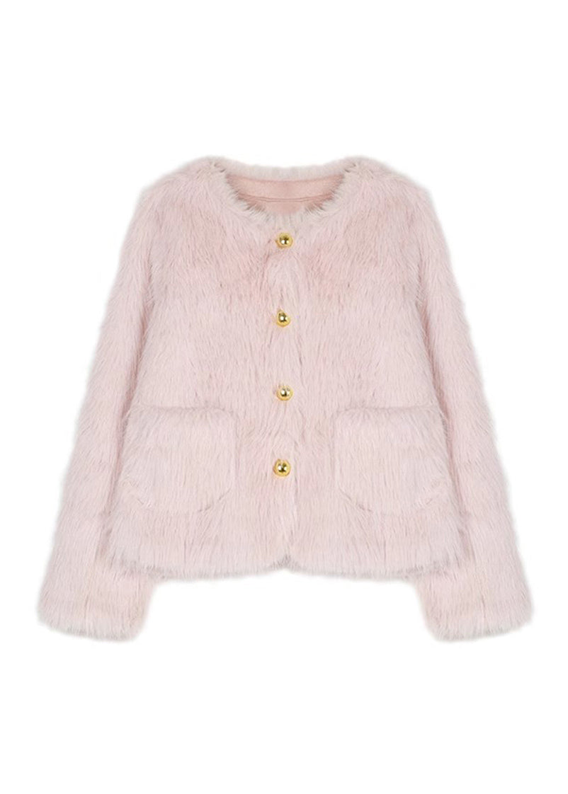 Stylish Pink Pockets Faux Fur Jacket Winter WO021 HS-CTS241109