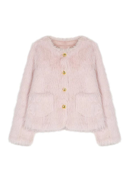 Stylish Pink Pockets Faux Fur Jacket Winter WO021 HS-CTS241109