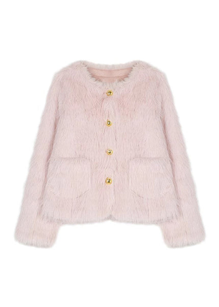 Stylish Pink Pockets Faux Fur Jacket Winter WO021 HS-CTS241109