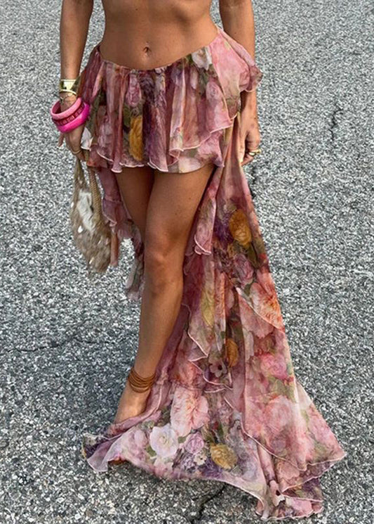 Skirt Low Summer Chiffon Stylish Print Design Pink High FashionChic