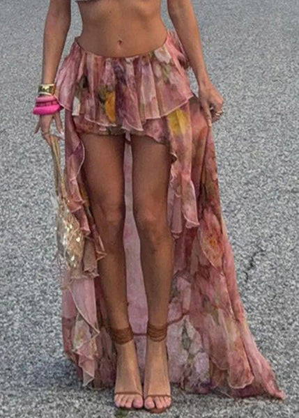 Skirt Low Summer Chiffon Stylish Print Design Pink High FashionChic