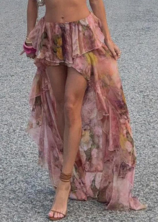 Skirt Low Summer Chiffon Stylish Print Design Pink High FashionChic