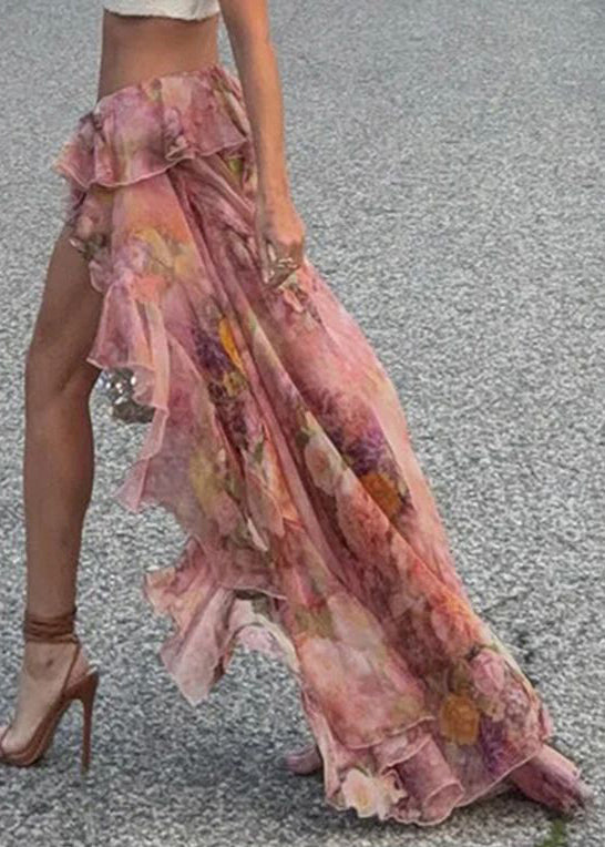 Skirt Low Summer Chiffon Stylish Print Design Pink High FashionChic