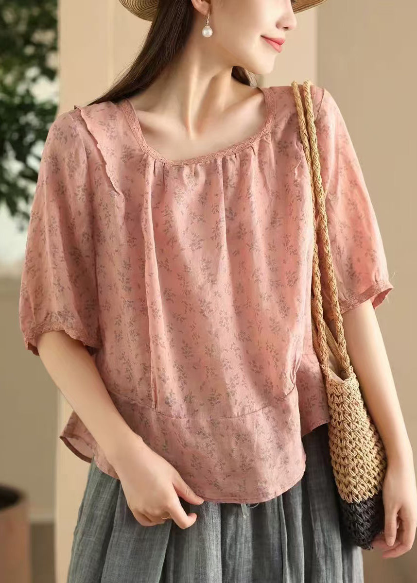 Pink Sides Square On Blouses Print Linen Wear Both Stylish Collar FashionChic