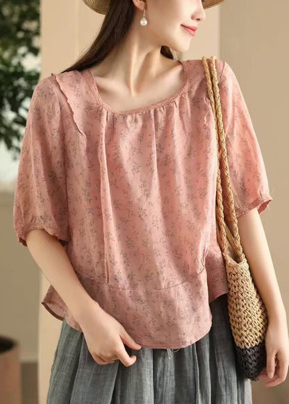 Pink Sides Square On Blouses Print Linen Wear Both Stylish Collar FashionChic