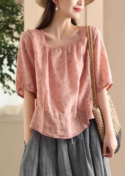 Pink Sides Square On Blouses Print Linen Wear Both Stylish Collar FashionChic