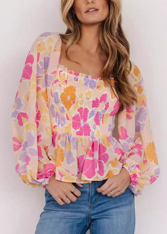 Stylish Pink Square Collar Ruffled Print Tops Fall AU1018 OM-ZS240902