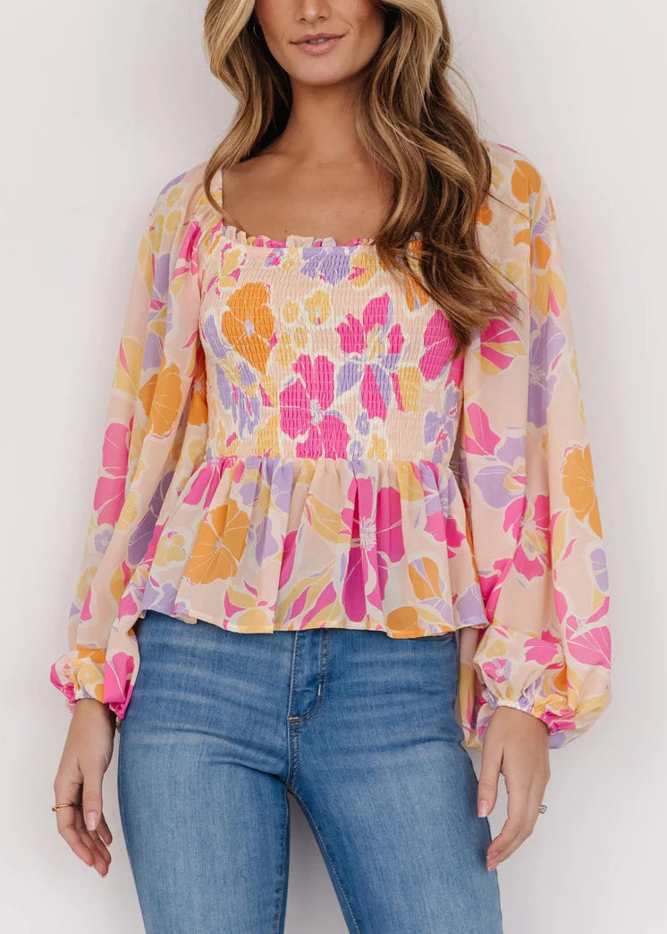 Stylish Pink Square Collar Ruffled Print Tops Fall AU1018 OM-ZS240902