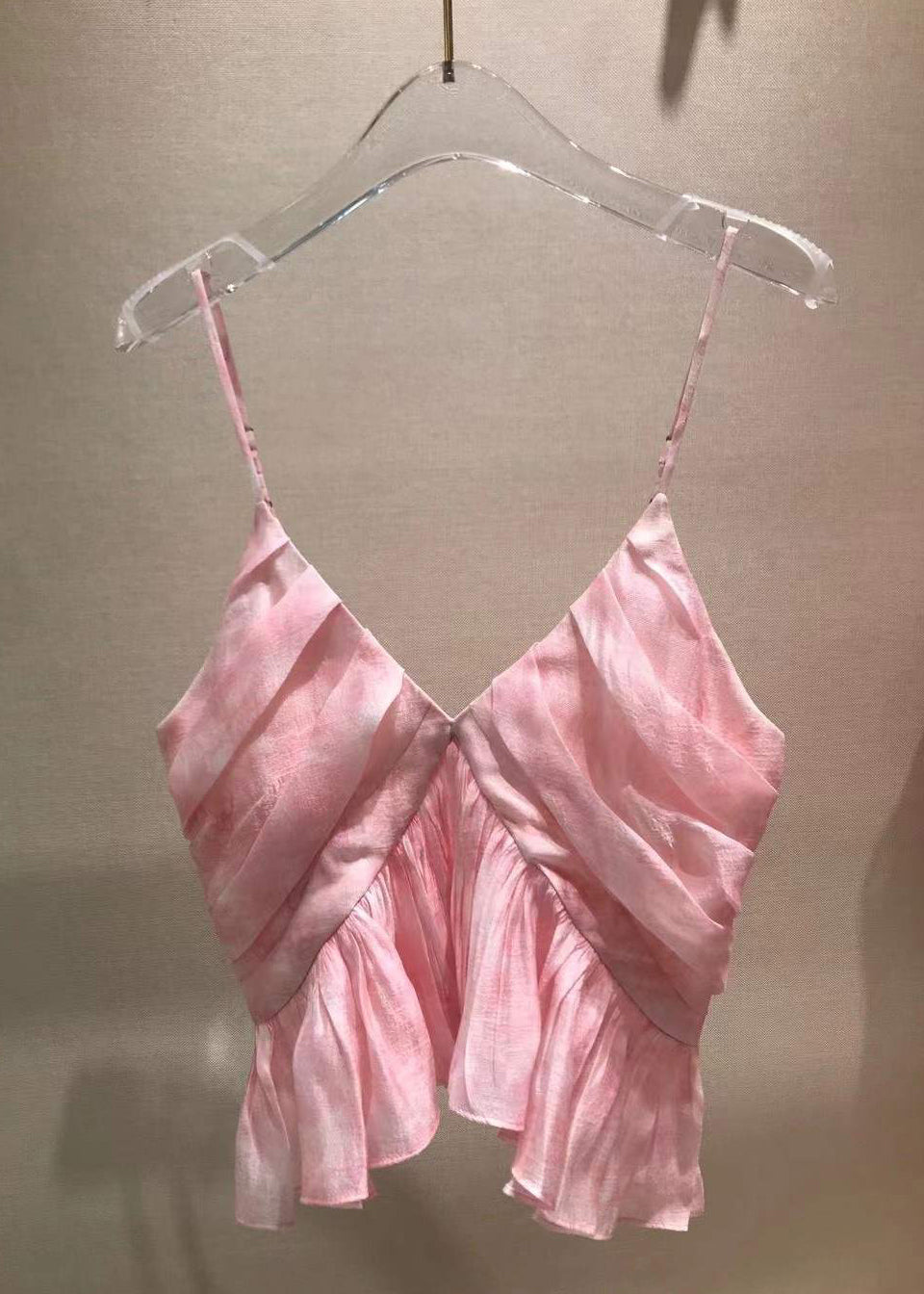Neck Stylish Tank Sleeveless Spaghetti V Wrinkled Pink Strap FashionChic