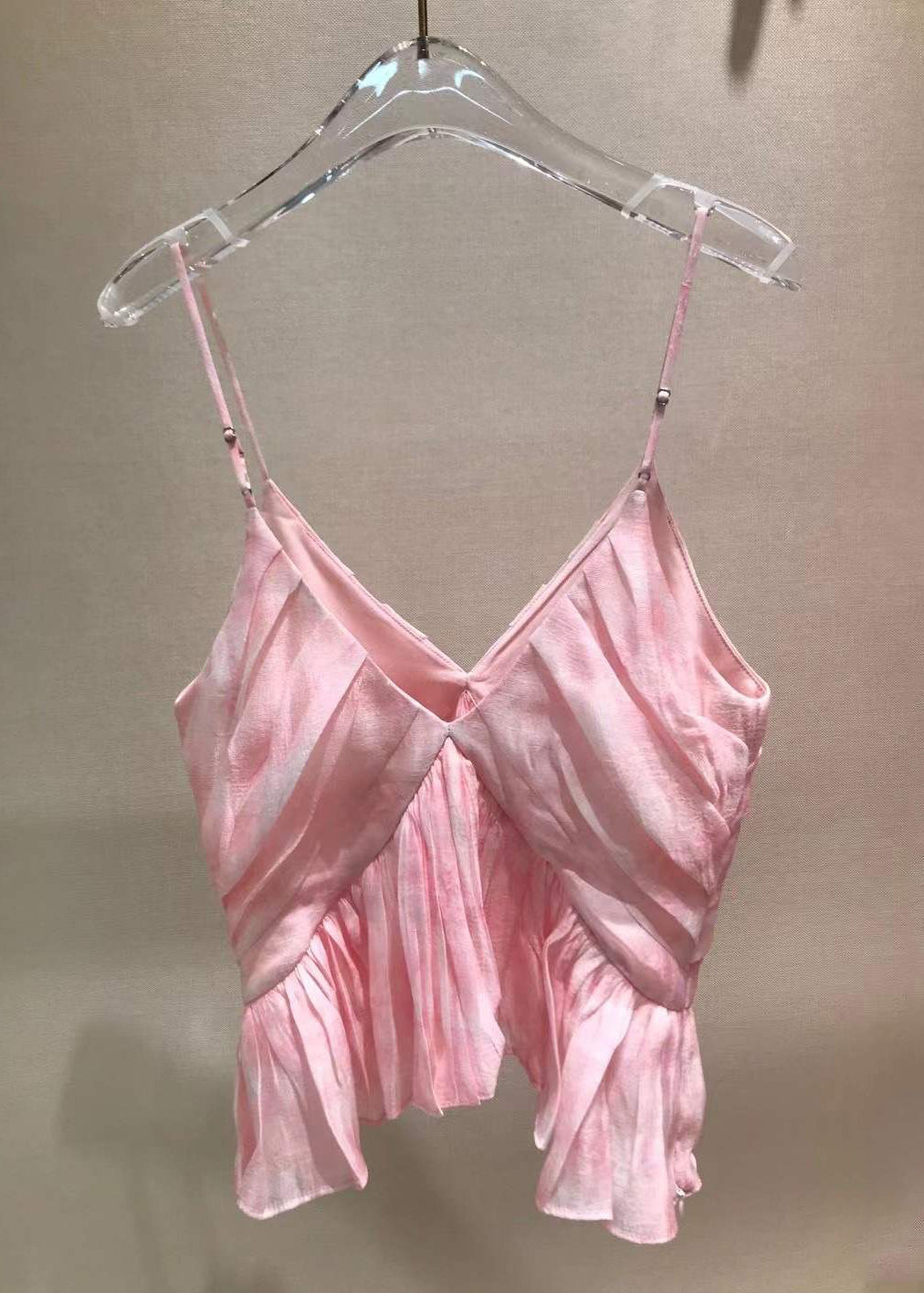 Neck Stylish Tank Sleeveless Spaghetti V Wrinkled Pink Strap FashionChic