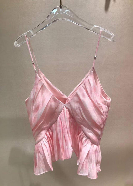 Neck Stylish Tank Sleeveless Spaghetti V Wrinkled Pink Strap FashionChic