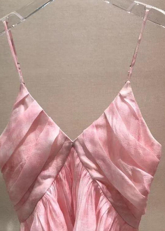 Neck Stylish Tank Sleeveless Spaghetti V Wrinkled Pink Strap FashionChic