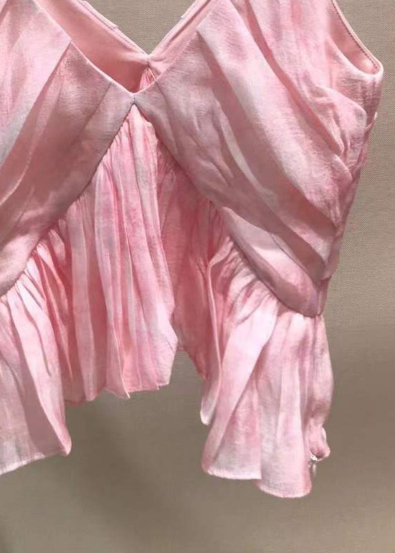 Neck Stylish Tank Sleeveless Spaghetti V Wrinkled Pink Strap FashionChic
