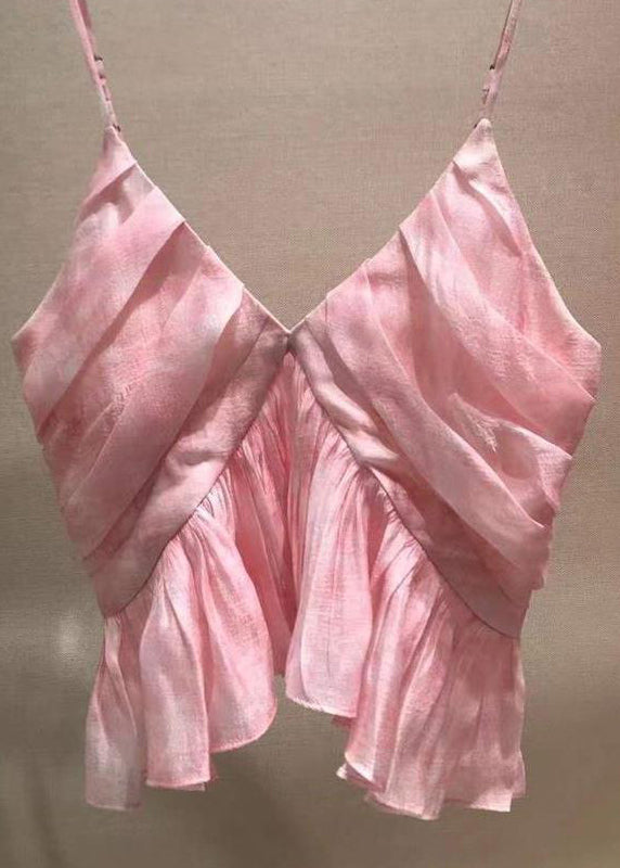 Neck Stylish Tank Sleeveless Spaghetti V Wrinkled Pink Strap FashionChic