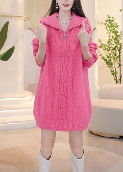 Stylish Pink Zip Up Patchwork Cable Knit Knitwear Dress Winter RF005 ABC