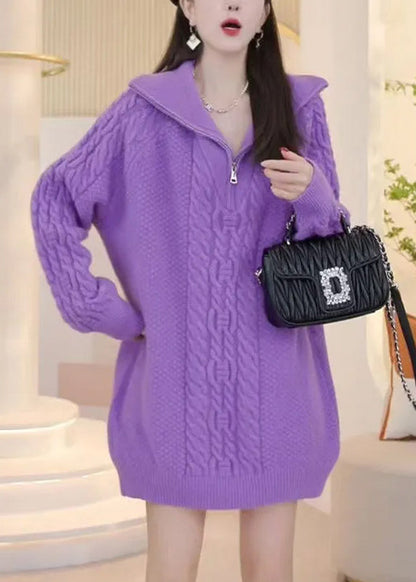 Stylish Pink Zip Up Patchwork Cable Knit Knitwear Dress Winter RF005 ABC