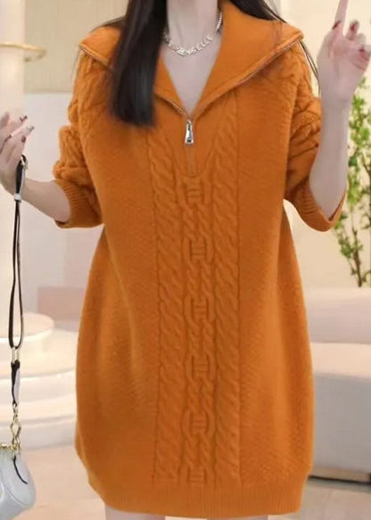 Stylish Pink Zip Up Patchwork Cable Knit Knitwear Dress Winter RF005 ABC