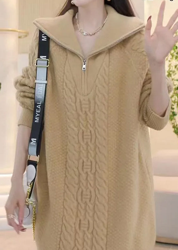 Stylish Pink Zip Up Patchwork Cable Knit Knitwear Dress Winter RF005 ABC