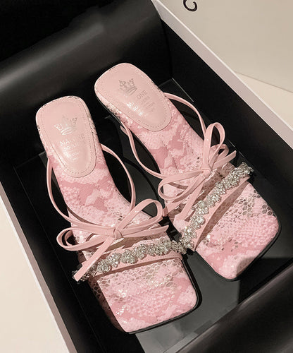 Zircon Bow Slide Stylish Sandals Heels Chunky Pink Splicing FashionChic