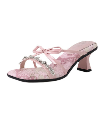 Zircon Bow Slide Stylish Sandals Heels Chunky Pink Splicing FashionChic