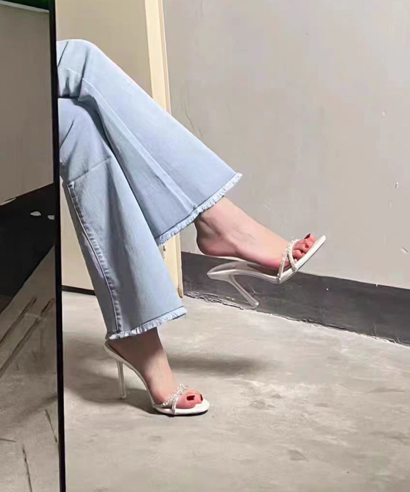 Stiletto Peep Splicing Sandals Pink Toe Zircon Stylish Slide FashionChic