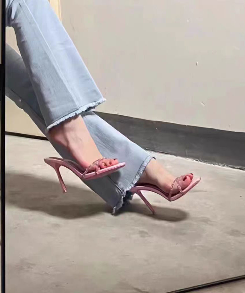 Stiletto Peep Splicing Sandals Pink Toe Zircon Stylish Slide FashionChic