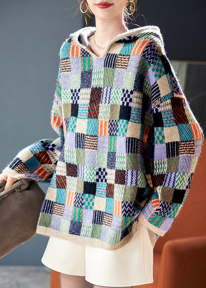 Stylish Plaid Hooded Patchwork Knit Sweater Spring TF042